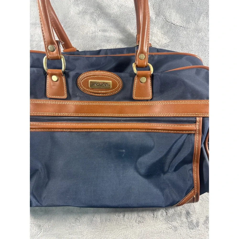 Jaguar Navy Blue Nylon Duffel Bag Brown Trim Weekender Travel Carry On Luggage